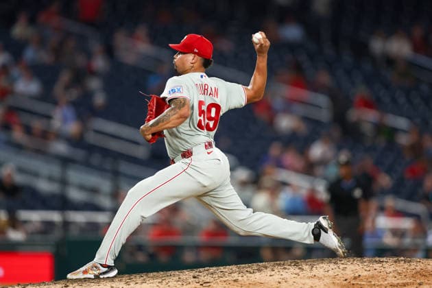 September 16, 2026, Washington D.C, District Of Columbia, United States: Washington, DC; Philadelphia Phillies pitcher Jhoan Duran (59) delivers a pitch during a Major League Baseball game against the Washington Nationals at Nationals Park on Wednesday, September 16, 2026. The Phillies beat the Nationals 3-0. MLB, Baseball Herren, USA Philadelphia Phillies 3:0 Washington Nationals  - ZUMAp258 20260916_znp_p258_050 Copyright: xStevexPrakopex