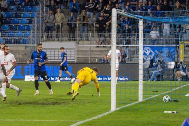 Soccer 3rd Division, 2026–27 Season, Matchday 6: Waldhof Mannheim vs. Rot-Weiss Essen - Owono Darnell Keumo, not pictured, scores the 1–0 goal for Waldhof Copyright: xUdoxHerrmannx