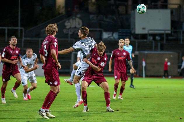 September 16, 2026, xsefx, Soccer, SC Fortuna Köln vs. SV Wehen Wiesbaden, 3rd Division, South, Matchday 6, 2026–2027 Season: Kevin Krumme (Fortuna Cologne 02) in a tackle against Lukas Schleimer (SV Wehen Wiesbaden 07). DFB regulations prohibit any use of photographs as image sequences and or quasi-video. North Rhine-Westphalia, Germany