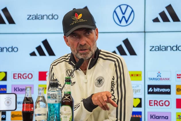 National Team Coach Jürgen Klopp at the press conference for the national team s first roster announcement, wearing an Adidas cap. One of 83 million. September 17, 2026. First DFB roster announcement by National Team Coach Jürgen Klopp, DFB Campus Frankfurt