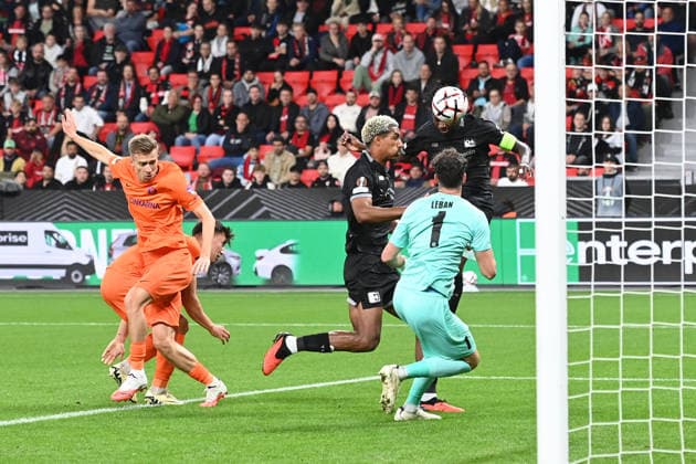 Own goal by Svit SESLAR (NK Celje) makes it 1–0 for Bayer Leverkusen. Bayer Leverkusen vs. NK Celje. Soccer. UEFA Europa League, Matchday 1, on September 16, 2026, in Leverkusen, Germany. UEFA regulations prohibit any use of photographs as image sequences and or quasi-video.