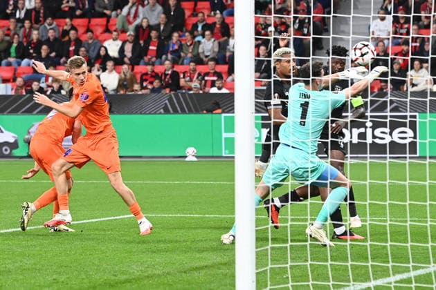 Own goal by Svit SESLAR (NK Celje) makes it 1–0 for Bayer Leverkusen. Bayer Leverkusen vs. NK Celje. Soccer. UEFA Europa League, Matchday 1, on September 16, 2026, in Leverkusen, Germany. UEFA regulations prohibit any use of photographs as image sequences and or quasi-video.