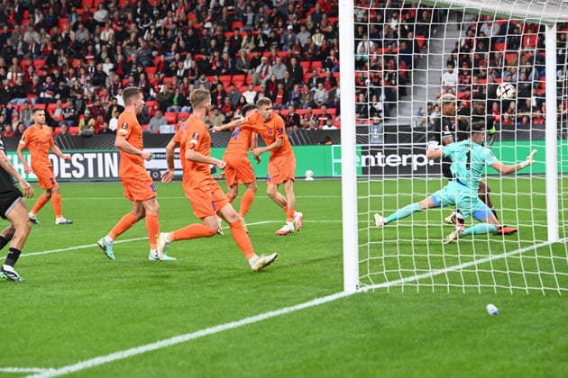 Own goal by Svit SESLAR (NK Celje) makes it 1–0 for Bayer Leverkusen. Bayer Leverkusen vs. NK Celje. Soccer. UEFA Europa League, Matchday 1, on September 16, 2026, in Leverkusen, Germany. UEFA regulations prohibit any use of photographs as image sequences and or quasi-video.