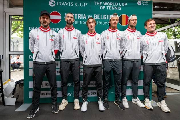 Austria s Jurij Rodionov; Austria s Joel Schwaerzler; Austria s Lukas Neumayer; Austrian Lucas Miedler and Austria s team captian Jurgen Melzer are pictured during the draw for the second round of Davis Cup qualifying between Belgium and Austria (Sept. 18 19), in Vienna, on Thursday 17 September 2026. DAVIDxPINTENS  x186739200x