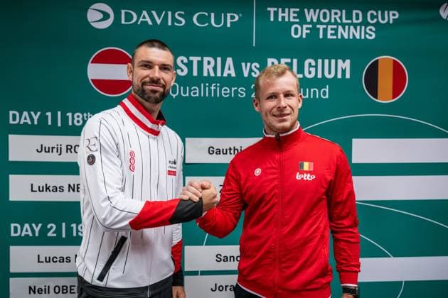 Austria s Jurij Rodionov and Belgian Gauthier Onclin pictured during the draw for the second round of Davis Cup qualifying between Belgium and Austria (Sept. 18 19), in Vienna, on Thursday 17 September 2026. DAVIDxPINTENS  x186739098x