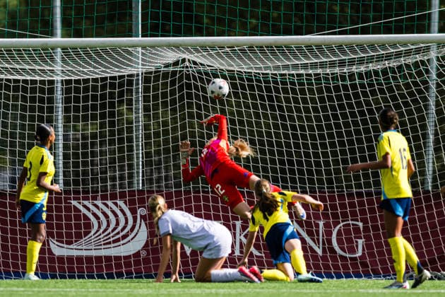 September 17, 2026: Emilie Christine Haugan of Norway scores the 2-0 goal past Sweden’s goalkeeper Felicia Werner Bergström during the Under-15 friendly match between Norway and Sweden on September 17, 2026 in Lorenskog. Photo by Marius Simensen. BILDBYRAN COP 238 bbeng women s soccer football Norway Sweden friendly match  Copyright: MARIUSxSIMENSEN BB260917BB182