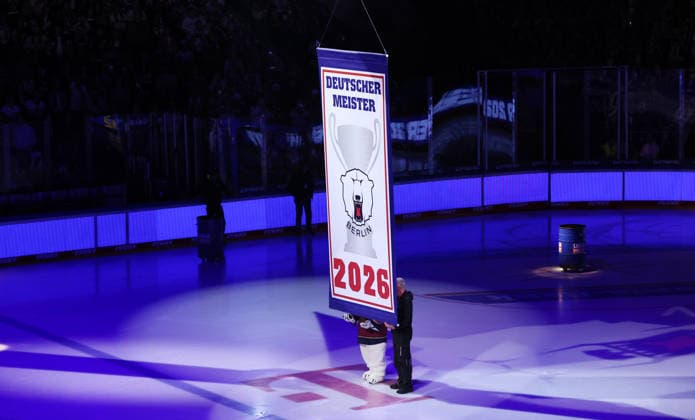 The Eisbären present the 12th championship banner: Sport Eishockey Penny DEL German Ice Hockey League, Game 1 of the 2026–2027 season, September 17, 2026—EHC Eisbären Berlin (EBB) vs. Straubing Tigers