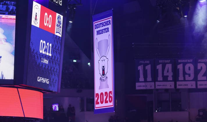 The Eisbären present the 12th championship banner: Sport Eishockey Penny DEL German Ice Hockey League, Game 1 of the 2026–2027 season, September 17, 2026—EHC Eisbären Berlin (EBB) vs. Straubing Tigers