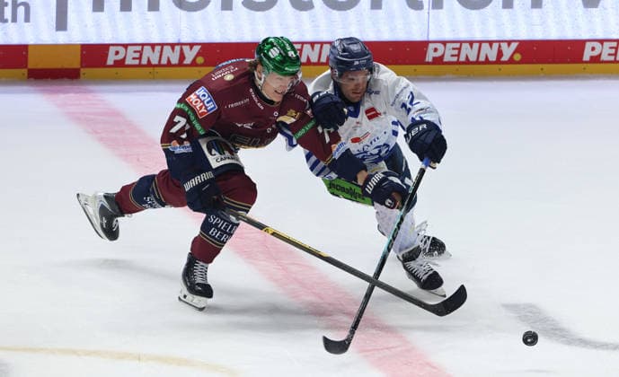 Eric Hördler, Joseph Duszak: Face-off, Game Scene, Action, Sports, Ice Hockey, Penny DEL (German Ice Hockey League), Game 1, 2026–2027 Season, September 17, 2026, EHC Eisbären Berlin (EBB) vs. Straubing Tigers