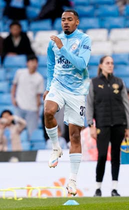 Manchester, England, 17th September 2026. Allan of Manchester City warm up during the Manchester City vs Norwich City Carabao Cup match at the Etihad Stadium, Manchester. Picture credit should read: Andrew Yates Sportimage EDITORIAL USE ONLY. No use with unauthorised audio, video, data, fixture lists, club league logos or live services. Online in-match use limited to 120 images, no video emulation. No use in betting, games or single club league player publications. SPI_004_AY_Man_City_Norwich SPI-5003-0004