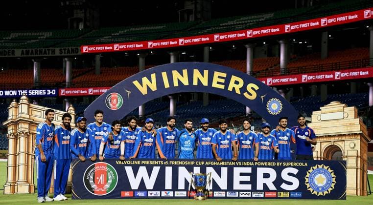 India wins T20I series against Afghanistan by 3-0 New Delhi, Sep 17 (ANI): India squad pose for a picture with trophy after winning the T20I series against Afghanistan by 3-0 at Arun Jaitley Stadium, in New Delhi on Thursday. Afghanistan skipper Ibrahim Zadran also present. NEW DELHI Delhi India Copyright: xANIx ANI_20260917474