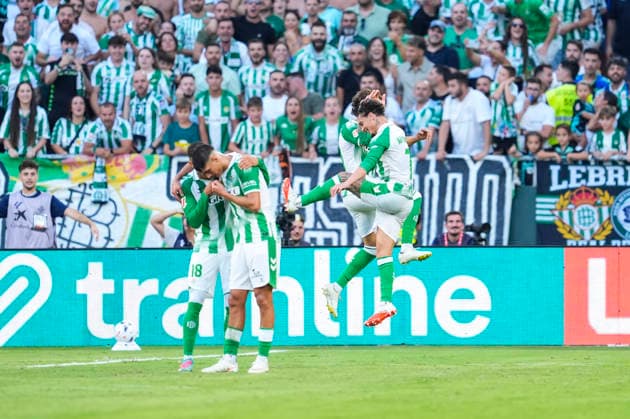September 17, 2026, Sevilla, Sevilla, Spain: Abde Ezzalzouli of Real Betis Balompie celebrates after scoring his team s first goal with teammate Antony during the Spanish league, LaLiga EA Sports, football match played between Real Betis and Getafe CF at La Cartuja stadium on September 17, 2026, in Sevilla, Spain. Real Betis V Getafe CF - LaLiga EA Sports  - ZUMAa181 20260917_zaa_a181_047 Copyright: xJoaquinxCorcherox