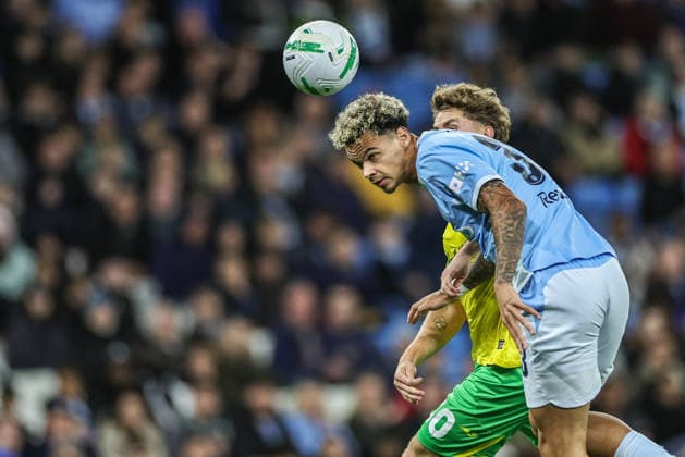 Carabao Cup round 3 Manchester City v Norwich City Nico O Reilly of Manchester City jumps up to win the high ball during the Carabao Cup round 3 match Manchester City vs Norwich City at Etihad Stadium, Manchester, United Kingdom on 17 September 2026 (Photo by Mark Cosgrove News Images) Manchester Etihad Stadium Greater Manchester United, ManU Kingdom Copyright: xMarkxCosgrove NewsxImagesx