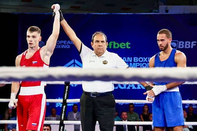 BULGARIA, SOFIA - SEPTEMBER 17, 2026: Russia s Sergei Koldenkov (L) is announced winner of a 70kg boxing bout against Finn Bos of the Netherlands at the 2026 European Boxing Elite Championships at Asics Arena. Igor Lenkin TASS  97876927