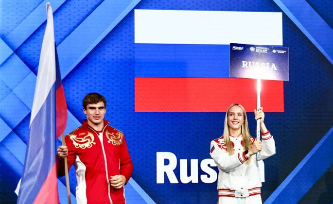 BULGARIA, SOFIA - SEPTEMBER 17, 2026: A member of Team Russia with a Russian national flag at the 2026 European Boxing Elite Championships at Asics Arena. Igor Lenkin TASS  97877070