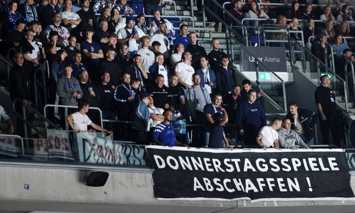 Poster and banner by Straubing fans: Abolish Thursday Games Sports Ice Hockey Penny DEL German Ice Hockey League Game 1 of the 2026–2027 season, September 17, 2026: EHC Eisbären Berlin (EBB) vs. Straubing Tigers