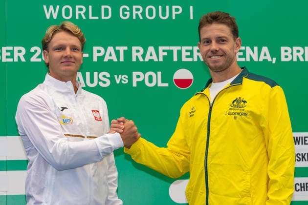 TENNIS DAVIS CUP DRAW, Maks KaÅ›nikowski and James Duckworth pose for a photo during a Davis Cup draw event at Pat Rafter Arena, Brisbane, Friday, September 18, 2026. ( NO ARCHIVING  Copyright: xRUSSELLxFREEMANx 20260918125831088060