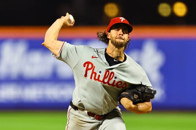 MLB, Baseball Herren, USA Philadelphia Phillies Vs. New York Mets Philadelphia Phillies starting pitcher Aaron Nola 27 throws during the fifth inning of a baseball game against the New York Mets at Citi Field in Corona, on September 17, 2026. Flushing N.Y. United States  Copyright: xGordonxDonovanx originalFilename:donovan-mlbphila260917_npKlR.jpg
