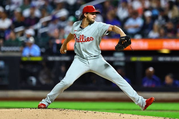 MLB, Baseball Herren, USA Philadelphia Phillies Vs. New York Mets Philadelphia Phillies starting pitcher Aaron Nola 27 throws during the first inning of a baseball game against the New York Mets at Citi Field in Corona, on September 17, 2026. Flushing N.Y. United States  Copyright: xGordonxDonovanx originalFilename:donovan-mlbphila260917_nppU3.jpg
