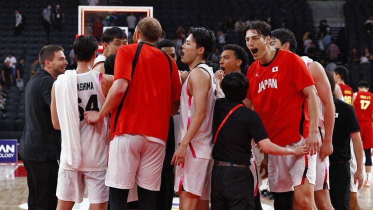 Aichi-Nagoya Asian Games: Basketball Japan players celebrate after beating China in a men s basketball semifinal match at the Aichi-Nagoya Asian Games at Aichi International Arena in Nagoya, central Japan, on Sept. 18, 2026.  A14AA0005627857P