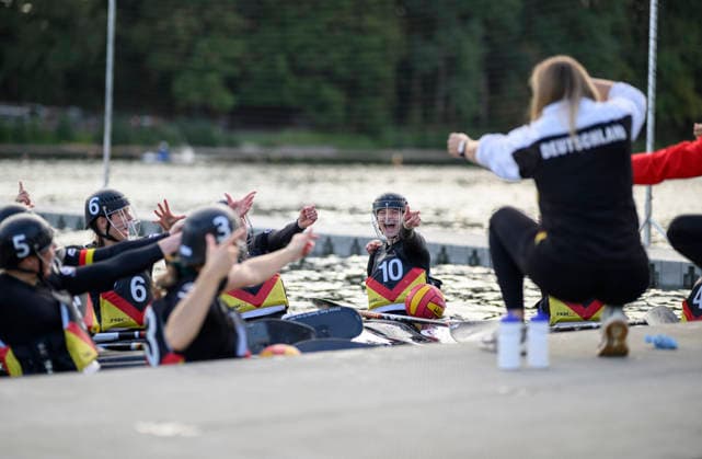 Team Germany rallies, cheers itself on, gestures, and GRUENEWALD, KATHARIN GER No. 10 Women’s Germany vs. Italy, on September 18, 2026, at the Canoe Polo World Championships held from September 15 to September 20, 2026, at the Regatta Course in Duisburg, Germany