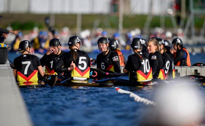 Team Germany meeting, break, with SCHMALENBACH, NELE GER No. 6, Women s Germany vs. Italy, on September 18, 2026, at the Canoe Polo World Championships from September 15 to September 20, 2026, at the Duisburg Regatta Course in Germany