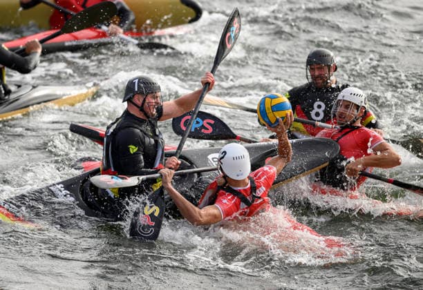 l r KIRCHHOFF, RENE GER, VÖGELI, SHANE SUI, VIEREN, JONAS GER, VÖGELI, LIVIO SUI, Action, Men’s Match: Germany vs. Switzerland on September 18, 2026, at the Canoe Polo World Championships from September 15–20, 2026, in Duisburg, Germany, at the Regatta Course