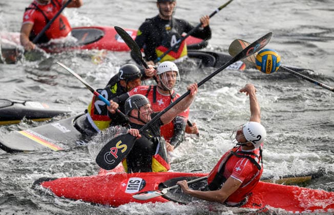 l r KIRCHHOFF, RENE GER, VÖGELI, SHANE SUI, throw, block, action, one-on-one, men, Germany vs. Switzerland on September 18, 2026, Canoe Polo World Championships from September 15 to 20, 2026, in Duisburg, Germany, Regatta Course