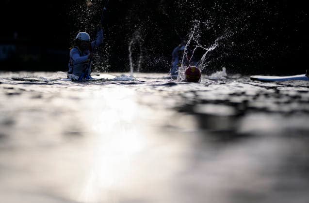 Feature: Team ESP warming up—Women s Spain vs. New Zealand, September 18, 2026. Canoe Polo World Championships, September 15–20, 2026, at the Duisburg Regatta Course in Germany