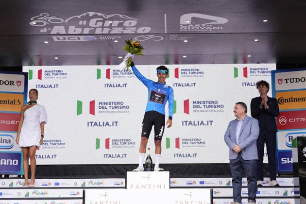 Italy s Emanuele Ansaloni of Team Technipes inEmiliaRomagna Caffe Borbone Azure jersey on the podium during the Giro d™Abruzzo, stage 4 from Silvi to Controguerra (182 km) - Abruzzo, Italy - Friday, September 18, 2026. - cycling.  Copyright: xFabioxFerrari LaPressex