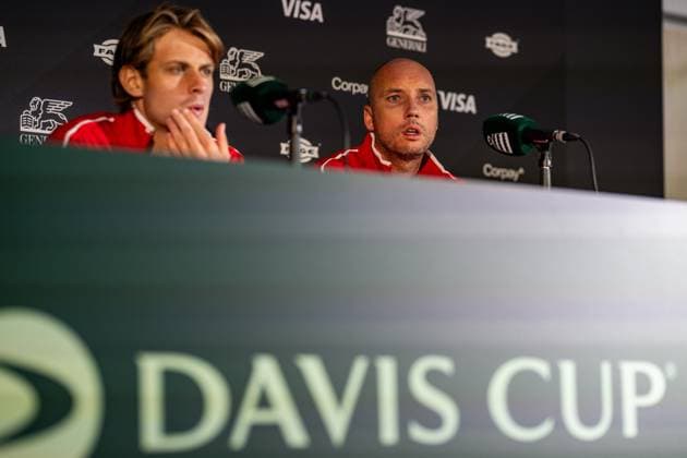 Belgian Zizou Bergs and Belgian captain Steve Darcis pictured during a press conference, PK, Pressekonferenz after winning a tennis match between Austrian Neumayer and Belgian Bergs, the second rubber in the tie between Austria and Belgium, qualifiers for the Davis Cup tournament, on Friday 18 September 2026 in Vienna, Austria. DAVIDxPINTENS  x186860833x