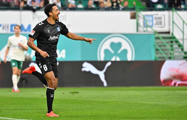 September 18, 2026 Soccer Season 2026–2027, Bundesliga 2, Matchday 6: SpVgg Greuther Fürth vs. Kleeblatt FC Magdeburg, FCM Sports Photo by Zink MeZi xmexzix. DFL regulations prohibit any use of photographs as image sequences and or quasi-video; for editorial use only. Goal celebration, jubilation, joy after scoring; goal; shot on goal for the 0–1 by Immanuel Iyoha in the 8th minute, FC Magdeburg