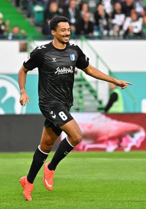 September 18, 2026 Soccer Season 2026–2027, Bundesliga 2, Matchday 6: SpVgg Greuther Fürth vs. Kleeblatt FC Magdeburg, FCM Sports Photo by Zink MeZi xmexzix. DFL regulations prohibit any use of photographs as image sequences and or quasi-video; for editorial use only. Goal celebration, jubilation, joy after scoring; goal; shot on goal for the 0–1 by Immanuel Iyoha in the 8th minute, FC Magdeburg