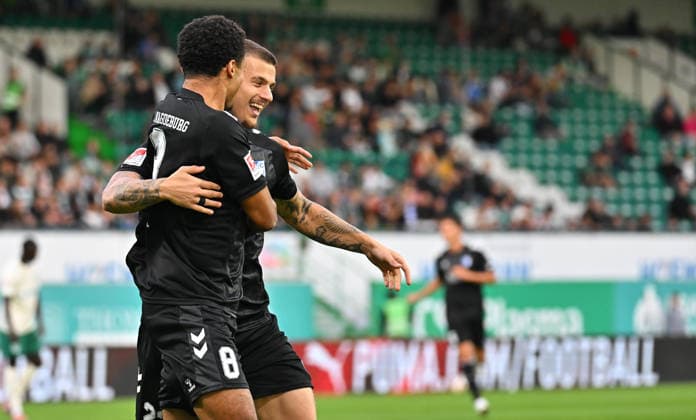 September 18, 2026 Soccer Season 2026–2027, Matchday 2, Bundesliga, Matchday 6: SpVgg Greuther Fürth vs. Kleeblatt FC Magdeburg, FCM, Sports Photo by Zink, MeZi, xmexzix. DFL regulations prohibit any use of photographs as image sequences and or quasi-video; for editorial use only. Goal celebration, jubilation, joy after a goal. Goal: Immanuel Iyoha scores the 0–1 goal in the 8th minute; FC Magdeburg with Mateusz Zukowski (22), FC Magdeburg