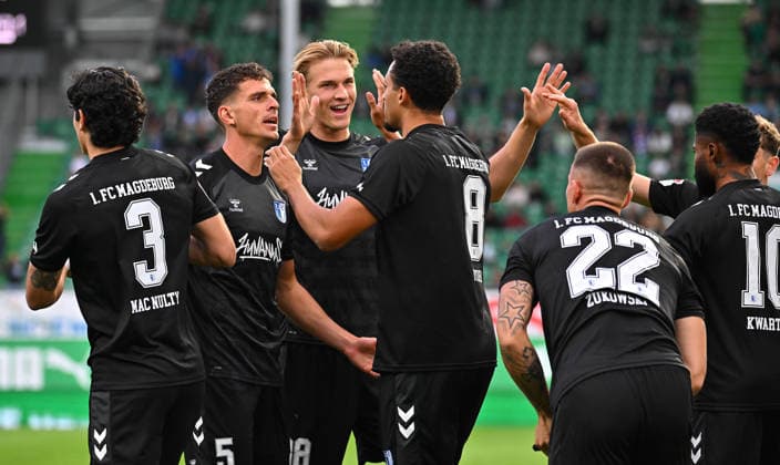 September 18, 2026 Soccer Season 2026–2027, Bundesliga 2, Matchday 6: SpVgg Greuther Fürth vs. Kleeblatt FC Magdeburg, FCM Sports Photo by Zink MeZi xmexzix. DFL regulations prohibit any use of photographs as image sequences and or quasi-video; for editorial use only. Goal celebration; joy after scoring; goal; shot on goal for the 0–1 by Immanuel Iyoha 8 , FC Magdeburg
