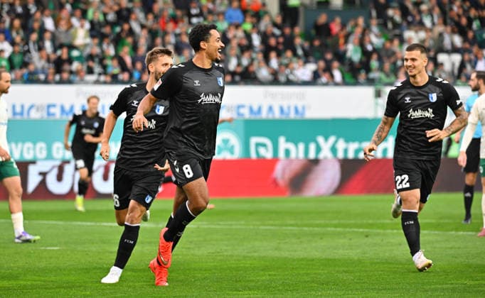 September 18, 2026 Soccer Season 2026–2027, Bundesliga 2, Matchday 6: SpVgg Greuther Fürth vs. Kleeblatt FC Magdeburg, FCM, Sports Photo by Zink, MeZi, xmexzix. DFL regulations prohibit any use of photographs as image sequences and or quasi-video; for editorial use only. Goal celebration, jubilation, joy after a goal; shot on goal for the 0–1 lead by Immanuel Iyoha in the 8th minute, FC Magdeburg