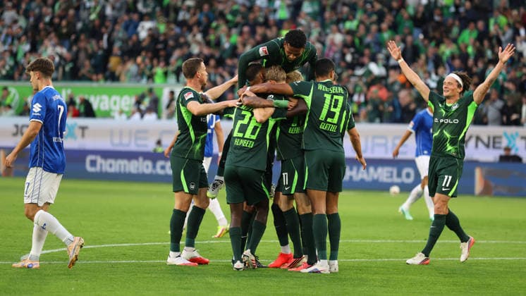 VfL vs. Darmstadt, 2. Bundesliga Wolfsburg, September 18, 2026, Soccer, Men s, 2. Bundesliga, 2026–2027 Season, VfL Wolfsburg vs. SV Darmstadt 98: Alexander Bernhardsson celebrates with his teammates after scoring the 1–0 goal. DFL and DFB regulations prohibit any use of photographs as image sequences and or quasi-video. Volkswagen Arena, Lower Saxony, Germany