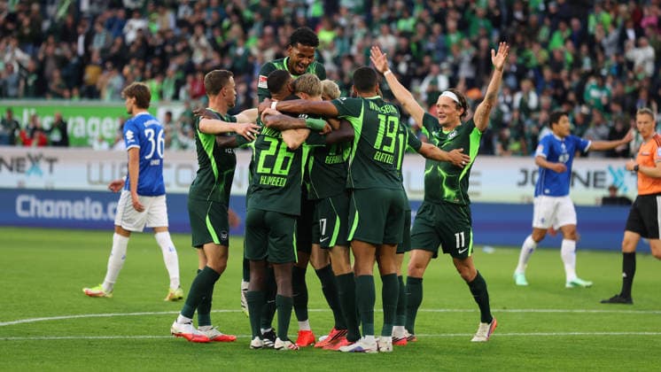 VfL vs. Darmstadt, 2. Bundesliga Wolfsburg, September 18, 2026, Soccer, Men s, 2. Bundesliga, 2026–2027 Season, VfL Wolfsburg vs. SV Darmstadt 98: Alexander Bernhardsson celebrates with his teammates after scoring the 1–0 goal. DFL and DFB regulations prohibit any use of photographs as image sequences and or quasi-video. Volkswagen Arena, Lower Saxony, Germany