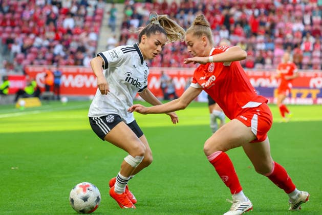 September 18, 2026, xusrbx, Soccer Google Pixel Women s Bundesliga, FSV Mainz 05 vs. Eintracht Frankfurt, Ereleta Memeti (Eintracht Frankfurt), 7, Saskia Matheis (FSV Mainz 05), 19, Mainz