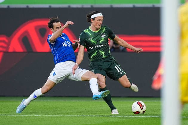 September 18, 2026, xydrx, Men s, Soccer, 2. Bundesliga, VfL Wolfsburg vs. SV Darmstadt 98, 2026–2027 season, Volkswagen Arena, Christopher Lannert (SV Darmstadt 98), No. 28 in a tackle against Fabian Reese (VfL Wolfsburg), No. 11. DFB regulations prohibit any use of photographs as image sequences and or quasi-video. Copyright: HMBxMedia YannisxDreimann