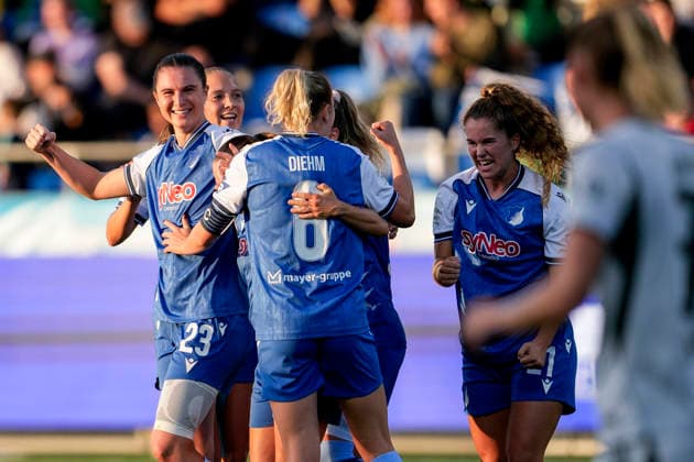 From left: Goal scorer Chiara Hahn (TSG), 23; Lisann Kaut (TSG), 4; Vanessa Diehm (TSG), 6; Laia Martret Jimenez (TSG), 21; players from TSG 1899 Hoffenheim celebrating the 1-0 goal, Celebration, Goal celebration, Goal scored, celebrating the goal, goal, celebration, celebrating the goal, Rejoicing, Joy, happy, optimistic, positive, Game scene, Highlight, Action, 18 09 2026, Sinsheim, Hoffenheim, Germany, soccer, Google Pixel Women’s Bundesliga, TSG 1899 Hoffenheim vs. VfL Wolfsburg, DFB and DFL regulations prohibit any use of photographs as image sequences and or quasi-video xozx