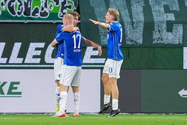 September 18, 2026, xydrx, Men s, Soccer, 2. Bundesliga, VfL Wolfsburg vs. SV Darmstadt 98, 2026–2027 season, Volkswagen Arena: Celebration after SV Darmstadt 98’s goal to tie the game at 1–1, scored by Milan Smit (SV Darmstadt 98, 36), along with Kai Klefisch (SV Darmstadt 98, 17) and Nicolas Verkooijen (SV Darmstadt 98), 10. DFB regulations prohibit any use of photographs as image sequences and or quasi-video content Copyright: HMBxMedia YannisxDreimann