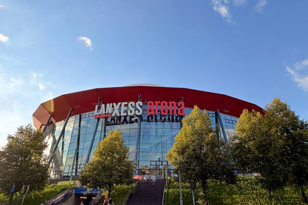 September 18, 2026, Ice Hockey, DEL, Kölner Haie vs. Grizzlys Wolfsburg, Matchday 1, 2026–27 Season, Lanxess Arena Cologne, exterior view, Assen logo, evening light, evening, blue hour, venue, event location, sports facility, North Rhine-Westphalia, Germany