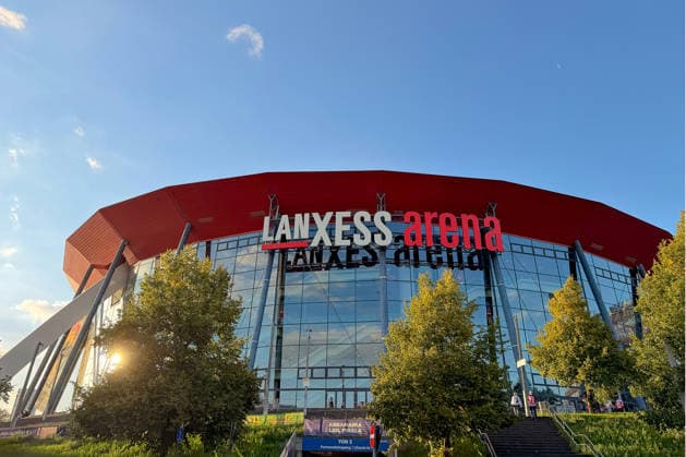 September 18, 2026, Ice Hockey, DEL, Kölner Haie vs. Grizzlys Wolfsburg, Matchday 1, 2026–27 Season, Lanxess Arena Cologne, Exterior view, Assen logo, evening light, evening, blue hour, venue, event location, sports facility, North Rhine-Westphalia, Germany
