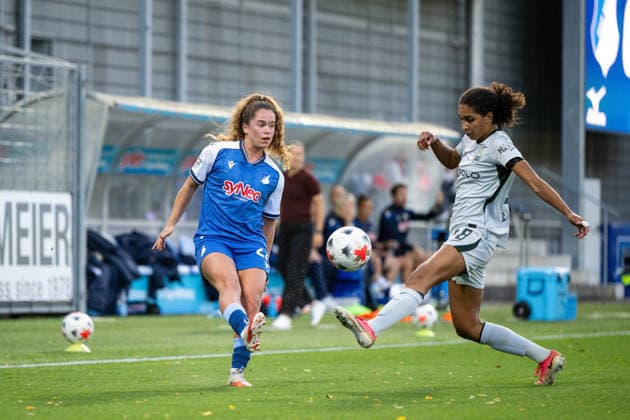 September 18, 2026, GER, Soccer, Women s, Google Pixel 1 Bundesliga, 2026–2027 Season, Matchday 4, TSG 1899 Hoffenheim vs. VfL Wolfsburg, Laia Martret Jimenez (Hoffenheim), 21 in a tackle with Cora Zicai of VfL Wolfsburg, 28 DFB and DFL regulations prohibit any use of photographs as image sequences and or quasi-video footage. Hoffenheim, Dietmar Hopp Stadium, Baden-Württemberg, Germany Copyright: xNordphoto Memmlerx