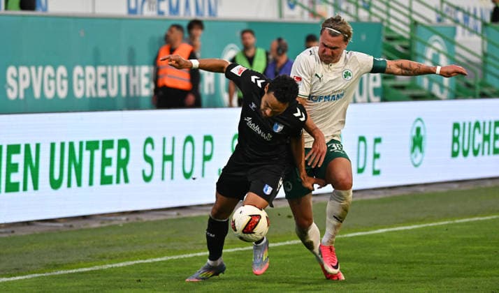 September 18, 2026 Soccer Season 2026–2027, Matchday 2, Bundesliga 2: SpVgg Greuther Fürth vs. Kleeblatt FC Magdeburg, FCM Sports Photo by Zink MeZi xmexzix. DFL regulations prohibit any use of photographs as image sequences and or quasi-video; for editorial use only. Herbert Bockhorn 7, FC Magdeburg; Felix Klaus 30, SpVgg Greuther Fürth, right