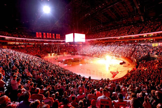 September 18, 2026, Ice Hockey, DEL, Kölner Haie vs. Grizzlys Wolfsburg, Matchday 1, 2026–27 Season, Lanxess Arena, Cologne; Pre-game show with pyrotechnics and a fire show; Interior view of the arena; North Rhine-Westphalia, Germany