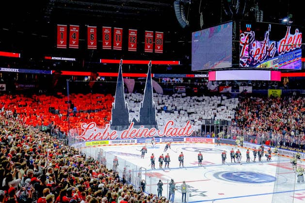 September 18, 2026, Ice Hockey, DEL, Kölner Haie vs. Grizzlys Wolfsburg, Matchday 1, 2026–27 Season, Lanxess Arena Cologne, Choreography by the fans in the stands, Interior view of the arena, North Rhine-Westphalia, Germany