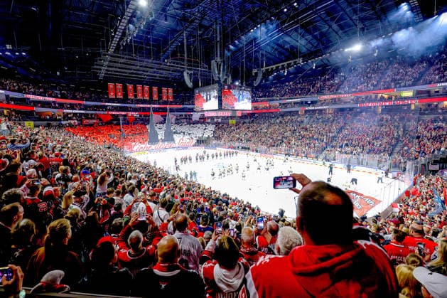 September 18, 2026, Ice Hockey, DEL, Kölner Haie vs. Grizzlys Wolfsburg, Matchday 1, 2026–27 Season, Lanxess Arena Cologne, Choreography by the fans in the stands, Interior view of the arena, North Rhine-Westphalia, Germany
