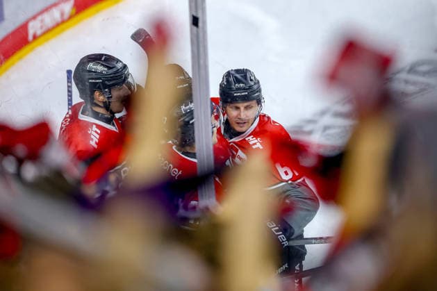 September 18, 2026, Ice Hockey, DEL, Kölner Haie vs. Grizzlys Wolfsburg, Matchday 1, 2026–27 Season, Lanxess Arena, Cologne: Celebration after the 1–1 goal scored by Kevin Niedenz (Cologne Sharks 46) alongside Markus Ljungh (Cologne Sharks 61), North Rhine-Westphalia, Germany